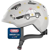 ABUS Kinderhelm Smiley 3.0 - Fahrradhelm mit tiefer Passform, kindergerechten Designs & Platz für einen Zopf - für Mädchen und Jungs - Grau mit Auto-Muster, Größe S