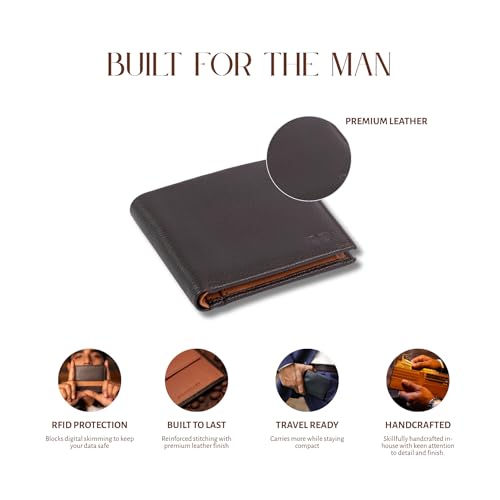 Image of Wildebeast Full-Grain Brown European Leather Wallet for Men - RFID Blocking Slim Bifold with ID Window, Card Slots & Coin Pocket, Eco-Tanned Leather, Stylish Gents Purse, Gift for Men - The Frontier