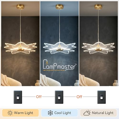 Image of Lamp master Zyra Wave LED Pendant Light | Modern Acrylic Hanging Chandelier with Antique Gold Finish | 3 Color Modes Ceiling Light for Living Room, Bedroom, Dining Room, Cafe | 1 Year Warranty