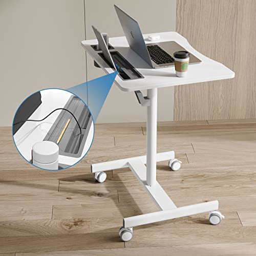 Jylh Joyseeker Mobile Standing Desk, 28 Inch Pneumatic Sit Stand Desk Riser Height Adjustable Rolling Laptop Cart With Lockable Wheels For Home Office Computer Projector Workstation, White #TOP2