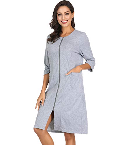 Womens Slim Fit Zip-Front Cotton Robe Zipper Bathrobe Grey 2XL