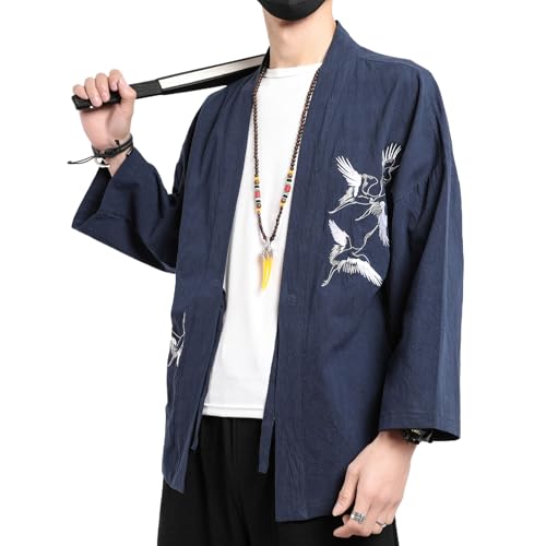 Image of Men's Japanese Kimono Cardigan Loose Cotton Linen 3 /4 Sleeve Open Front Casual Summer Shirt Jackets