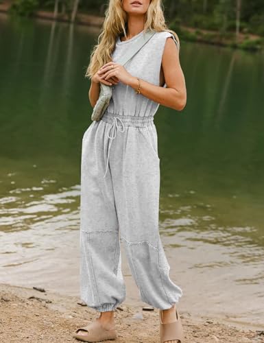 Flygo Womens Casual Jumpsuit Crewneck Cap Sleeve Long Wide Leg Pants One Piece Outfits Drawstring Romper with Pockets3