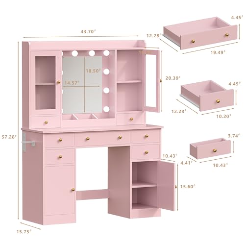 Image of HUANLEGO Pink Vanity Desk with Mirror and Lights for Girls Women | Makeup Vanity Mirror with Lights, LED RGB Lights Strip, Power Outlet, 7 Drawers, 2 Storage Cabinets, 3 Color Modes Adjustable