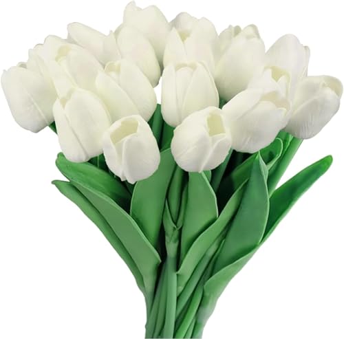 GIUSOBG Flores de tulipán Artificiales 15Pzs Tulipanes Artificiales en látex 34cm Flores Ramos de Tulipanes realistas para Ramos de Boda, Hotel (Blanco)