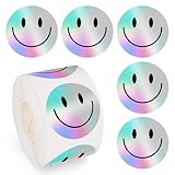 Whaline Holographic Smile Stickers Roll Laser Iridescent Happy Face Stickers Hippie Motivational Waterproof Self-Adhesive Decals for Back to School Birthday Teacher Reward, 500 Pcs