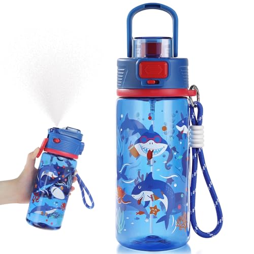 omedecal 20 oz 2-In-2 Mist and Sip Water Bottle for Kids, Shark