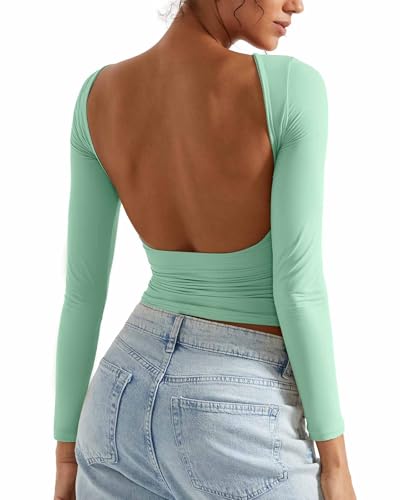 SUUKSESS Women Backless Going Out Tops Double Lined Open Back Basic Long Sleeve
