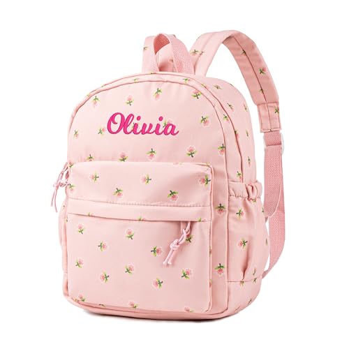 MT WORLD Floral Toddler Backpack Personalized Daycare Backpack Little Girls Daypack with Flower Custom Bookbag Gifts with Embroidered Name for School Overnigtht Daily Activities (Pink)