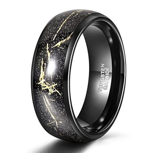 KnSam Anillo Acero Tungsteno Negro Hombre Cielo Estrellado Curvo 8MM, Anillo incrustado de Hoja de Oro Fantasía, 70, Acero de tungsteno, Ninguna piedra preciosa