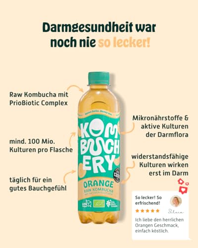 KOMBUCHERY® Orange Raw Kombucha BIO | 12 x 400ml | Fermentierter Tee mit aktiven Darm-Kulturen | Zuckerarm & Kalorienarm | Unpasteurisiert, Probiotisch, Vegan, Testsieger | inkl. 3€ PFAND