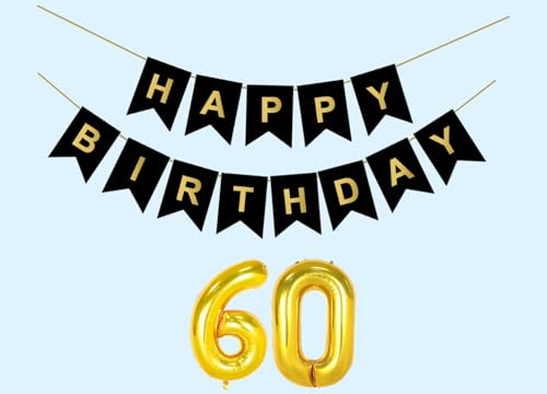 Image of Mystic Toy Store 60th Happy Birthday Decoration Kit Black for 60 year Old Men Women Adults with Number Sixty Party Decorations Decor Celebration Items Item Set Combo Reusable Paper Banner