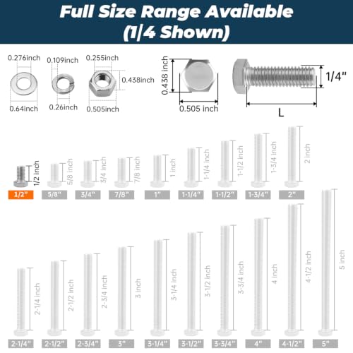 Image of 10 Sets Glvaner 1 /4-20 x 1 /2 inch Stainless Steel Hex Head Screws Bolts, Nuts, Flat & Lock Washers, 18-8 (304) Stainless Steel, Full Thread, Coarse Thread