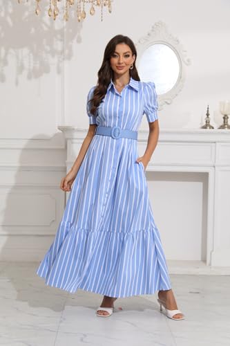 utcoco Womens Striped Button Down Shirt Dress Casual Puff Short Sleeve Ruffle Hem Maxi Dresses with Belt3