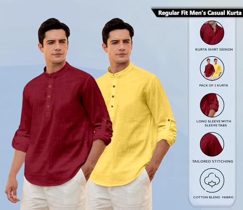 Image of Zombom Men's Combo Cotton Polyester Blend Solid Full Sleeve Straight Regular Fit Mandarin /Chinese Collor Kurta (Pack of 2)