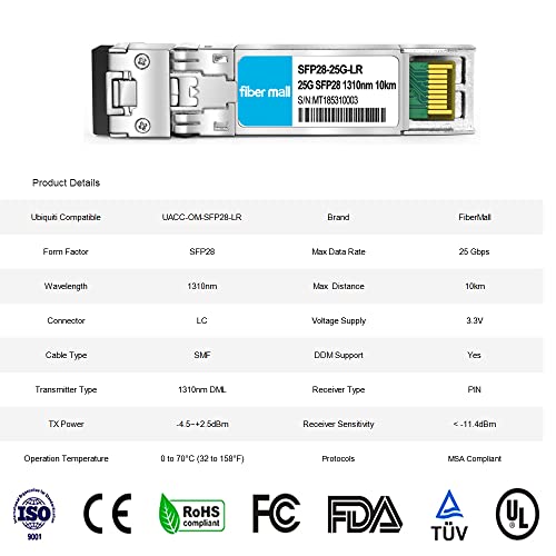 Image of 25G SFP28 LR for Ubiquiti UACC-OM-SFP28-LR 25GBASE-LR SFP28 1310nm 10km DOM LC SMF Optical Transceiver Module