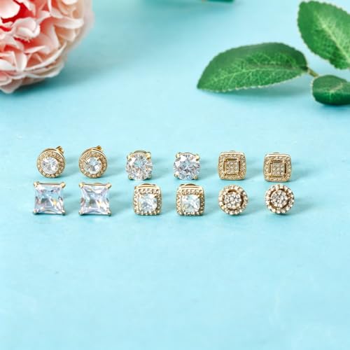 Image of NEWITIN 6 Pairs Gold Earrings for Men Women Halo Stud Earring Set | Hypoallergenic, 18K Gold Plated Stainless Steel, Cubic Zirconia, Round Square Diamond Stud Earrings, Unisex Earrings Set, 8mm