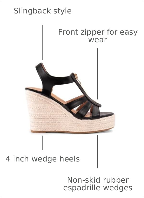Image of Womens Front Zipper Espadrille Wedge Sandals Dressy, High Heel Platform Sandals Open Toe Slingback, Comfy Sexy Summer Wedges Sandals