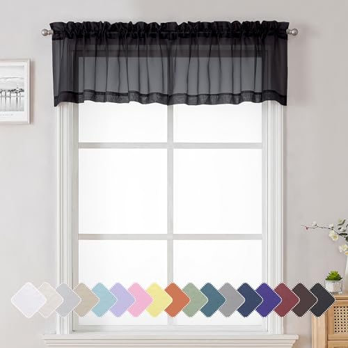Lecloud Black Sheer Valance for Windows 14 Inch Length 2 Pieces, Light Reducing Voile Short Curtains for Living Room Bedroom, Dual Rod Pocket Window Small Valances for Kitchen Bathroom, 40" W x 14" L