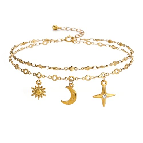 Image of Kovonchy Bracelets for Women Sun Moon Star Charms Stainless Steel Waterproof Dainty Layered Beach Summer Anklet Jewelry