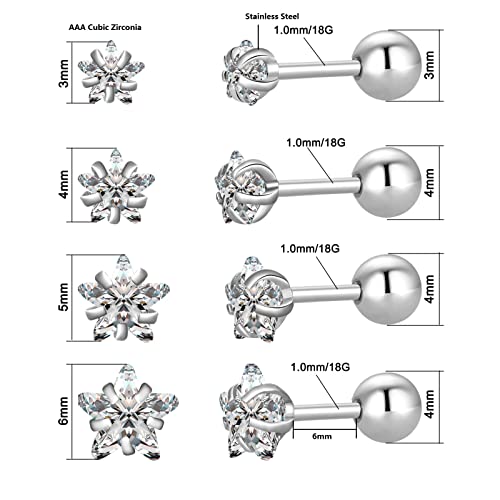 4 Pairs Screw Back Surgical Stainless Steel Stud Earrings, Gold Plated Silver Heart Star Square Princess Cut Round Cz Cubic Zirconia Stud Earrings Set (Star Cz) #TOP4