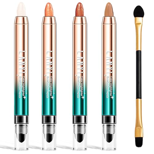 Sombra de Ojos en Barra 4 Pieza Sombra de Ojos en Crema Eyeshadow Stick Shimmer Cream Eyeshadow Pencil Crayon Sombra de Ojos Lápiz Maquillaje de Sombra de Ojos para 1 Pincel de Doble Extremo(B)