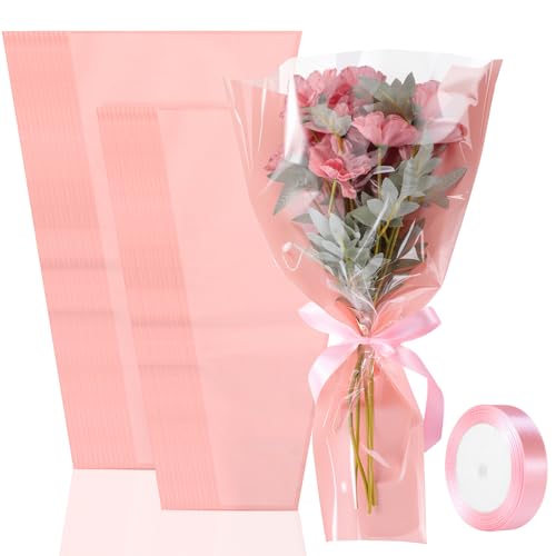 Fullhawl 50 Pcs Flower Bouquet Wrapping Bags 9.8 x 17.9 Inch and 14.2 x 22 Inch Mother's Day Kraft Paper Flower Sleeves Floral Bags with Ribbons for Bouquet Wedding Birthday Graduation (Pink)