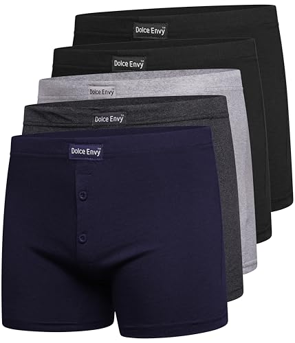 DOLCE ENVY Pack of 5 Men's Boxer Shorts Everyday Comfort Cotton Rich Trunks Underwear Stretch Moisture-wicking and Breathable. (UK, Alpha, S, Regular, Regular, 2 BLACK, 1 NAVY, 1CHARCOAL, 1 GREY)