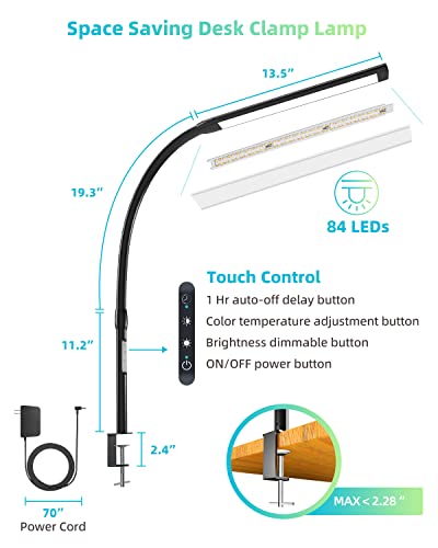 Led Desk Lamp With Clamp, 12W Gooseneck Task Light With 24V Adapter, 5 Brightness Levels & 5 Cct Adjustable Clip Table Lamp, Timer & Memory Functions, Eye-Caring Clamp-On Desk Lamps For Home Office #TOP5