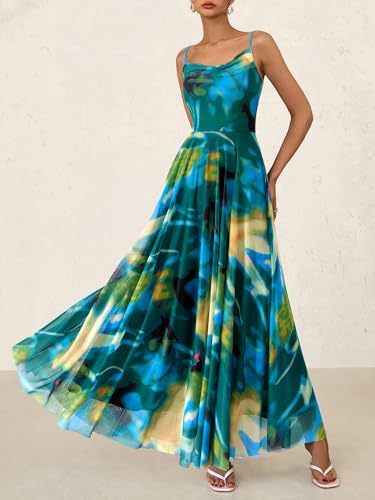 Image of BTFBM Women Summer Maxi Dresses Elegant Wedding Guest Dress | Cowl Neck,Spaghetti Strap,Mesh,Floral,A-Line,Flowy,Party,Cocktail,Homecoming,Graduation,Sundress,Prom,Beach Long Dresses