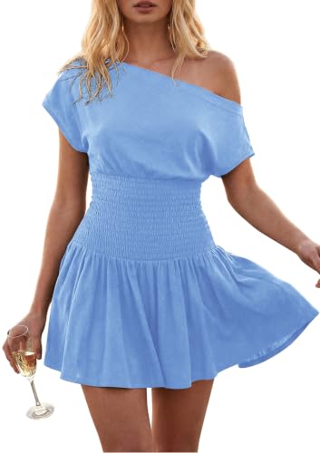 YUENIU Womens Off Shoulder Mini Dress One Shoulder Smocked Waist Sundress
