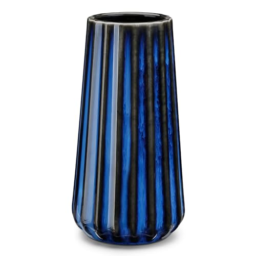 vancasso Ceramic Vase, 7.8 Inch Modern Ribbed Glossy Decorative Vase, Flower vase for Home Decor, Living Room, Bedroom, Office Decor, Blue