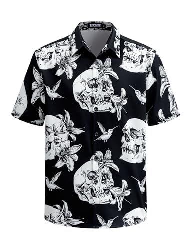 Mens Hawaiian Skull Floral Shirt Short Sleeve Button Down Casual Tropical Shirt