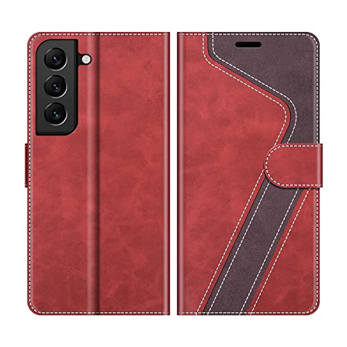 MOBESV Coque pour Samsung Galaxy S22 5G, Housse en Cuir Galaxy S22 5G, Étui Téléphone Samsung S22 5G Magnétique Etui Housse pour Samsung Galaxy S22 5G, Élégant Rouge Cover