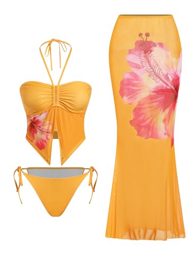 Image of ZAFUL Women 3 Piece Bikini with Cover Up Skirt Halter Bandeau Swimsuit Floral Tie Side Cheeky Bathing Suit