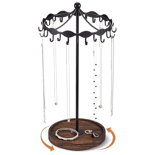 Lolalet Rotating Necklace Holder Stand with Metal Hooks, Spinning Display Carousels, Freestanding Organizer Hanger, for Long Necklaces Chains -Black