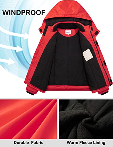 UMMTOM Wasserdichte Skijacke für Jungen, mit Fleece gefüttert, warm, Winterjacke mit Kapuze, Winterjacke für Kinder (einfarbig, rot, Größe 5–6)