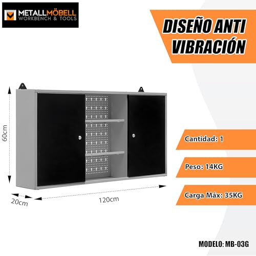 Miniatura 3 de Metallmobell - Armario Metalico De Pared 120x60x20cm, Con Estanterías, Panel Herramientas Y Cerradura, Multiusos Armario Almacenaje, Mueble Almacenaje, Armario Oficina, Armario Herramientas -Mb03