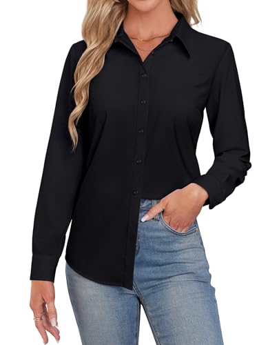 Gleeivy Womens Button Down Dress Shirts Long Sleeve Button Up Collared Blouses Fitted Wrinkle Free Work Office Top Black Large