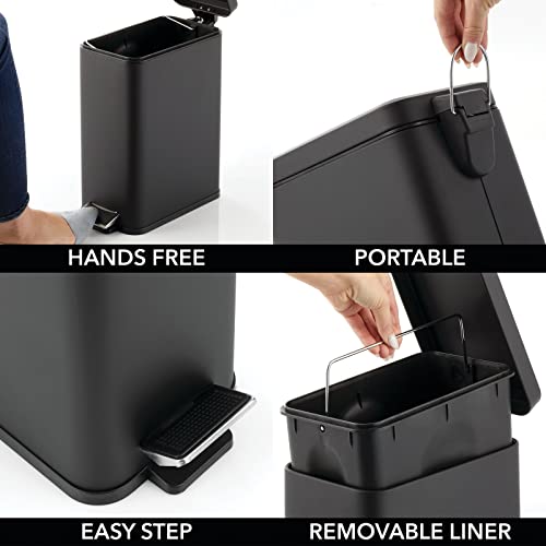 Mdesign Slim Metal Rectangle 2.6 Gallon Trash Can With Step Pedal, Easy-Close Lid, Removable Liner - Narrow Wastebasket Garbage Container Bin For Bathroom, Bedroom, Kitchen, Office - Black #TOP2