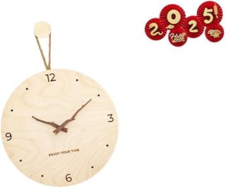 Minimalist Modern Nordic Wood Wall Clock and Chinese New Year Paper Fan Decorations for Bedroom Office Festival Celebration Ornament