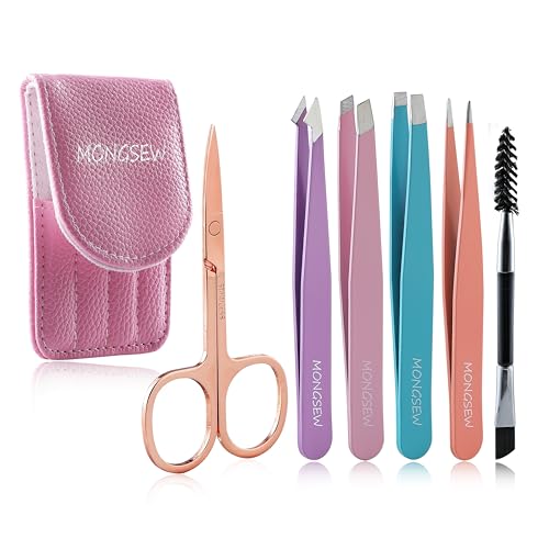 6PCS Eyebrow Tweezers, MONGSEW Stainless Steel Tweezers Set for Women, Tweezers for Facial Hair, Eyebrown Scissors for Ingrown Hair Removal, Suitable for Both Men and Women, Travel Case Included