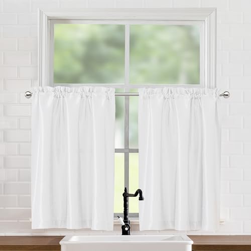 Chyhomenyc Uptown White Kitchen Curtains 30 Inch Length, Light Filtering Faux Silk Slub Textured Cafe Curtains, Elegant Short Drapes for Bathroom Bedroom Small Windows, Each 30Wx30L Inch, 2PCS