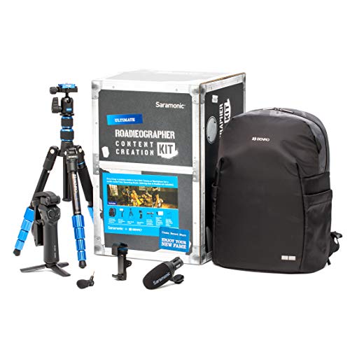 Image of Roadieographer Audio /Video YouTube Instagram Content Creation Kit for Musicians and Bands w /Backpack, Tripod, Phone Clamp, Gimbal, Saramonic Condenser Mic. w /Cables and Mini Shotgun Mic. - Ultimate