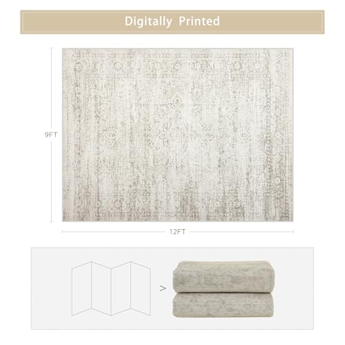 Washable Rugs 9x12 Area Rugs for Living Room,Rugs for Bedroom, Large Carpets,Ultra Soft Faux Wool Retro Dining Room Rug,Non Slip&Non-Shedding Low Pile Vintage Print Rug Indoor for Home Office