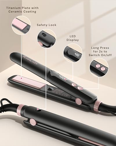 Image of ANNLARY Mini Hair Straightener for Travel, Portable Dual Voltage Small Flat Iron with LED Display, Adjustable Temperature, Dual PTC Heating, Negative Ion Care, Titanium Plates for Short Hair