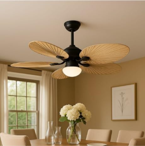 Image of 52 Inch Wind Palm Leaf Ceiling Fan with Light-Reversible Motion-Remote Control for Kitchen, Cafes, Hotels, Dining, Bar|Tan-Wooden with Lamp