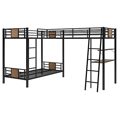 BOVZA Metal Twin Over Twin L-Shaped Triple Bunk Bed with Desk and Shelf, 3 Bed Bunk Beds for Kids Teens Adults, Brown