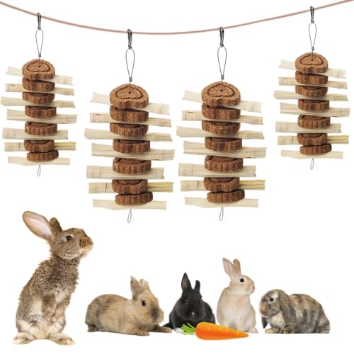 Image of 4 PCS Bunny Chew Toys for Grinding Teeth, Hanging Rabbit Snack Toy Natural Chinchilla Sweet Bamboo Sticks Carrot Cake Small Animal Treats String for Chinchilla, Guinea Pigs, Squirrel, Gerbil