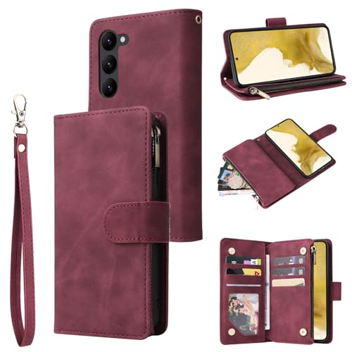 Étui Samsung S24 Ultra bordeaux en cuir à rabat portefeuille avec fermeture éclair